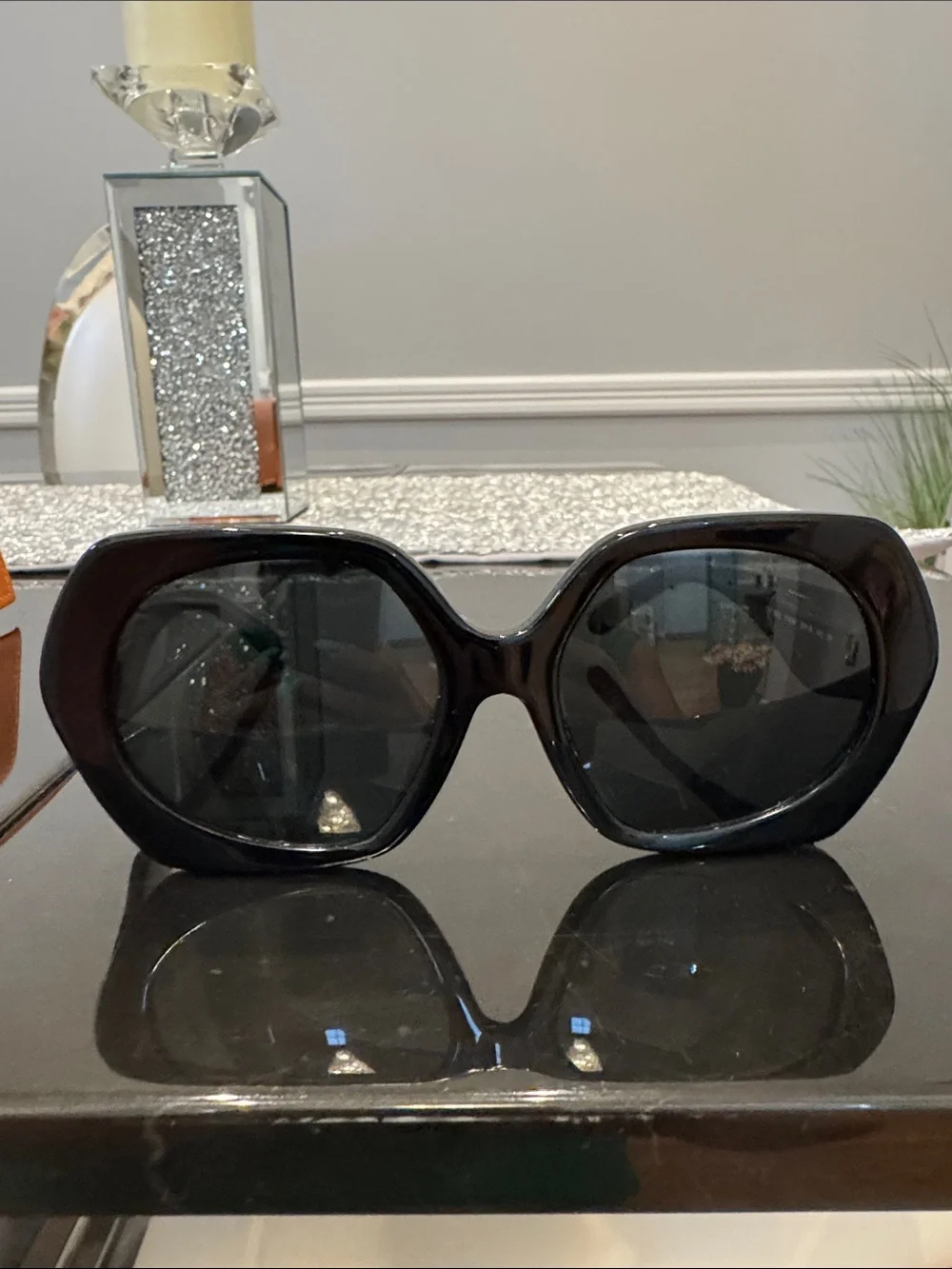 Tory Burch Black Oversized Geometric Sunglasses with Orange Case